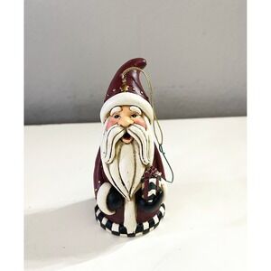 Vintage Resin Christmas Santa Tree Ornament Checkered Edge With Present 2x5"